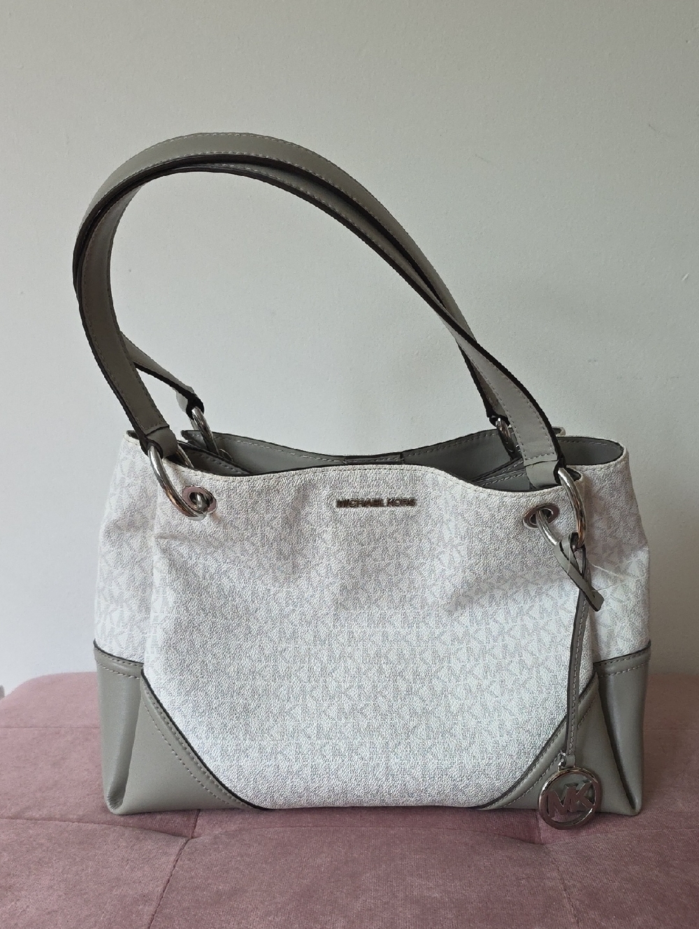 Michael Kors White & Taupe Logo Shoulder Bag
